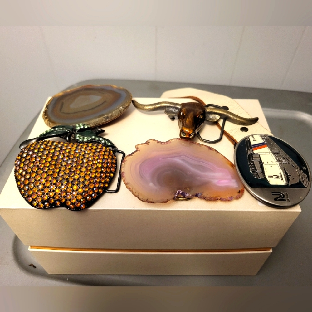 Set of vintage belt buckles and leather belt (everything must go! Moving sale)
